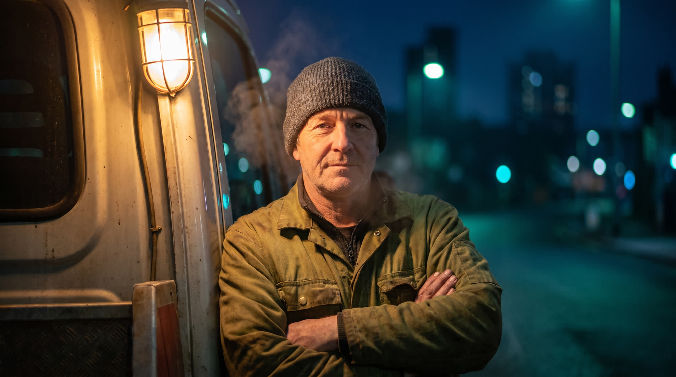 A recovery operator leaning against his van at night, lit by a warm work lamp