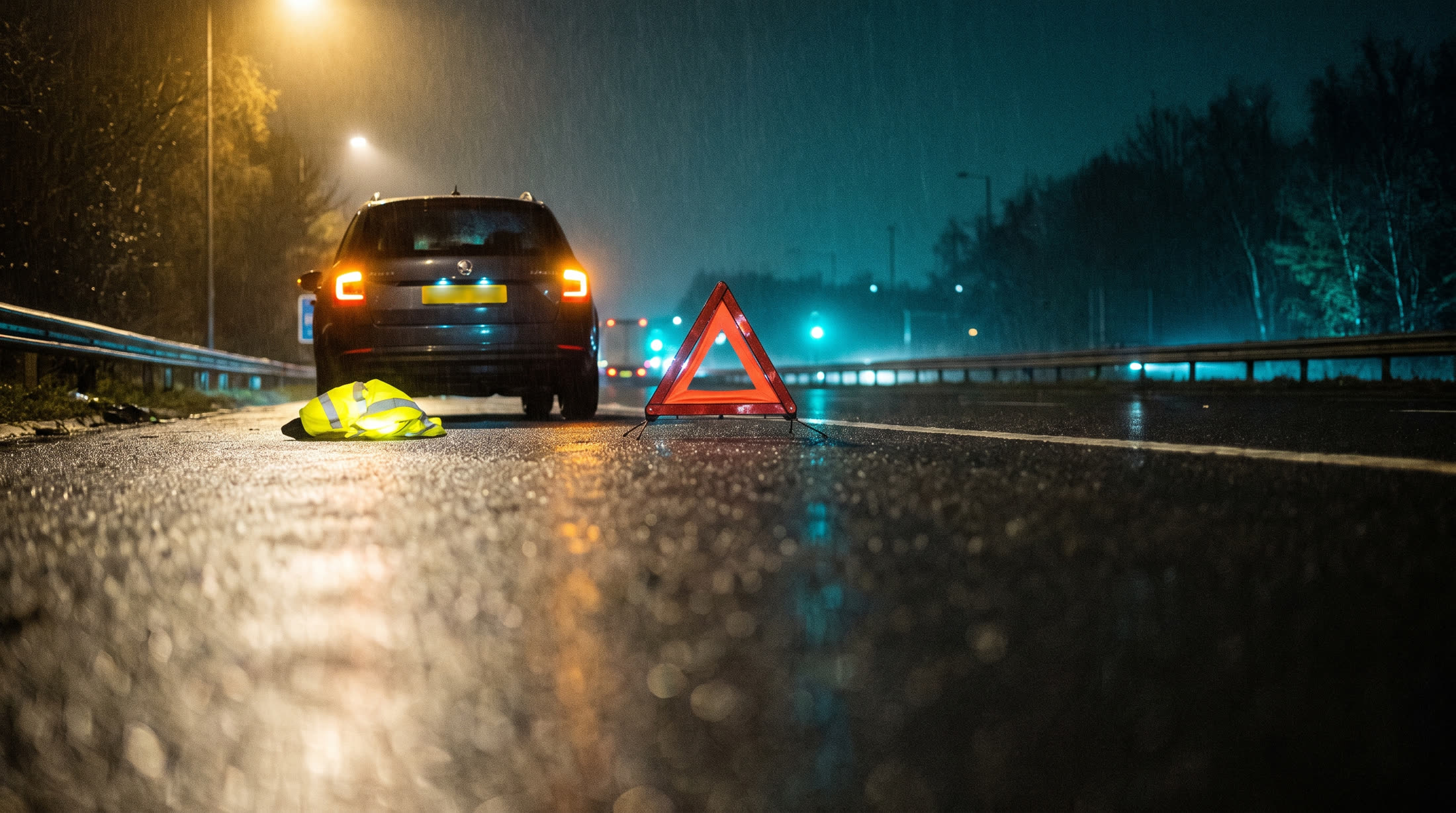 A reflective warning triangle on a wet hard shoulder at night behind a stopped car
